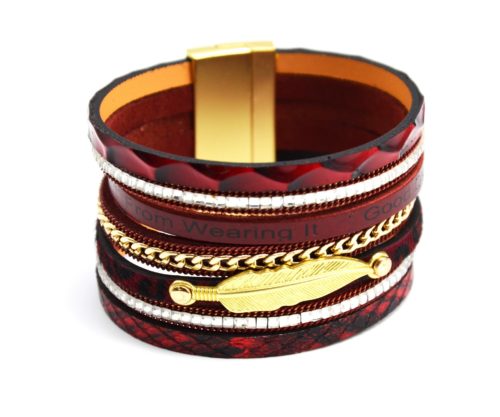 Bracelet-Manchette-Aimante-Multi-Rangs-Ecailles-Bordeaux-Pierres-Chaine-et-Plume-Metal-Dore