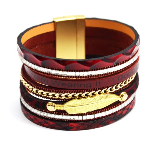 Bracelet-Manchette-Aimante-Multi-Rangs-Ecailles-Bordeaux-Pierres-Chaine-et-Plume-Metal-Dore