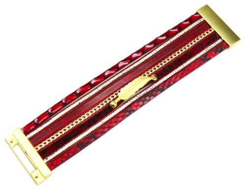 Bracelet-Manchette-Aimante-Multi-Rangs-Ecailles-Bordeaux-Pierres-Chaine-et-Plume-Metal-Dore