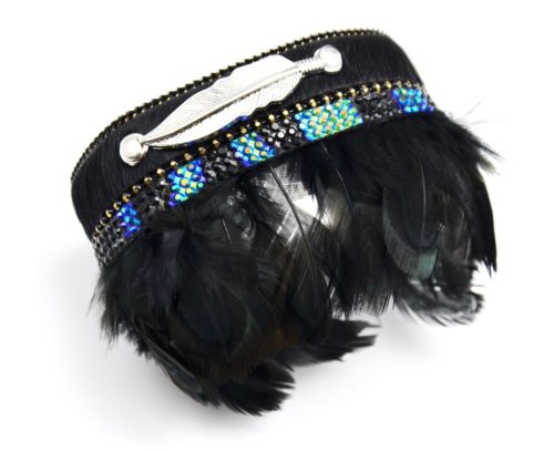 Bracelet-Manchette-Aimante-Bande-Unie-Strass-avec-Plumes-de-Paon-Noir-et-Plume-Metal