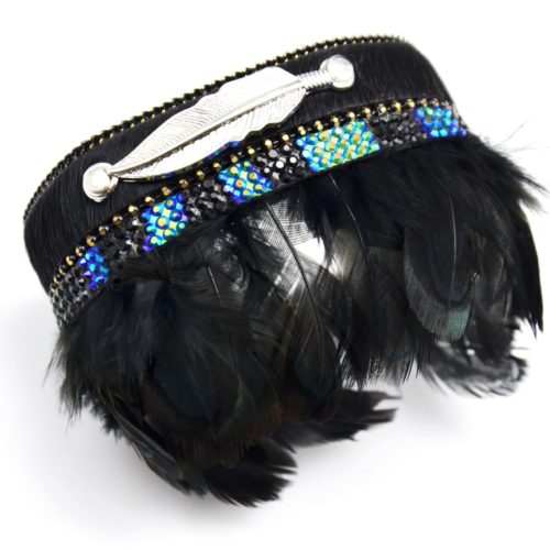 Bracelet-Manchette-Aimante-Bande-Unie-Strass-avec-Plumes-de-Paon-Noir-et-Plume-Metal