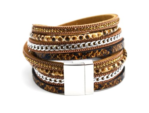 Bracelet-Double-Tour-Simili-Cuir-Ecailles-Beige-Strass-et-Plume-Metal-Argente