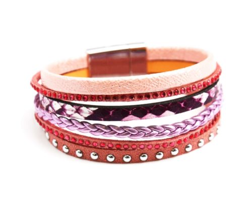 Bracelet-Manchette-Multi-Rangs-Ecailles-Tresse-Clous-et-Strass-Rose