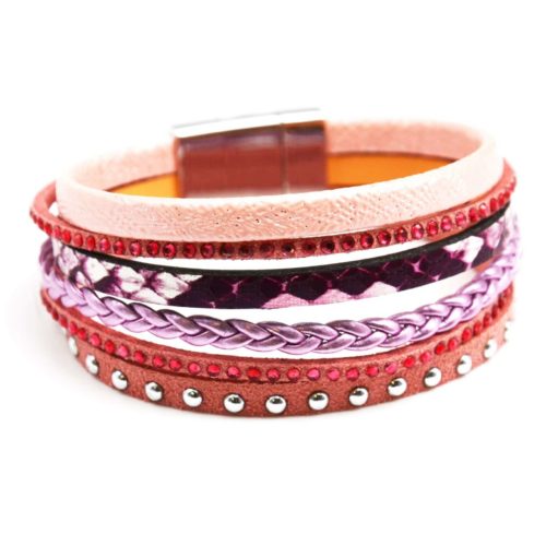 Bracelet-Manchette-Multi-Rangs-Ecailles-Tresse-Clous-et-Strass-Rose