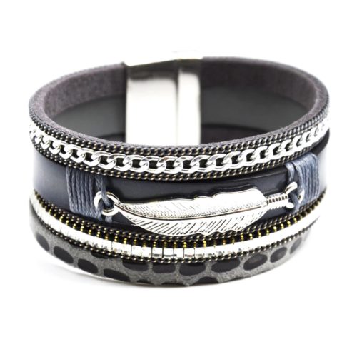 Bracelet-Manchette-Multi-Rangs-Ethnique-Ecailles-Chaine-Pierres-et-Plume-Metal-Gris