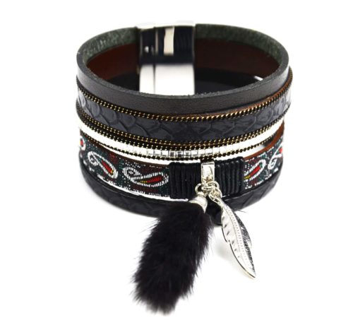 Bracelet-Manchette-Multi-Rangs-Ecailles-Pierres-Ruban-Ethnique-et-Pompon-Fourrure-Noir