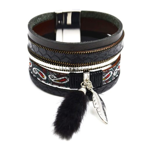 Bracelet-Manchette-Multi-Rangs-Ecailles-Pierres-Ruban-Ethnique-et-Pompon-Fourrure-Noir