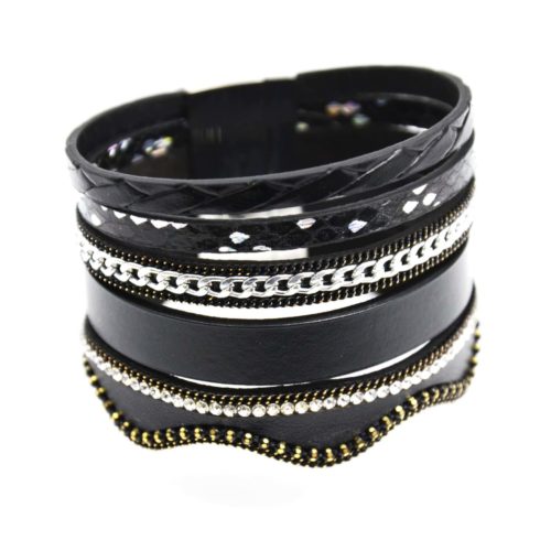 Bracelet-Manchette-Multi-Rangs-Cuir-Ecailles-Chaine-Strass-et-Bord-Ondule-Noir