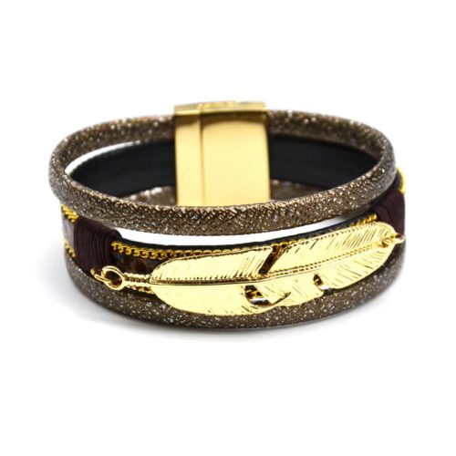 Bracelet-Manchette-Multi-Rangs-Simili-Cuir-Brillant-Marron-Ecailles-et-Plume-Metal