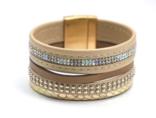 Bracelet-Manchette-Multi-Rangs-Simili-Cuir-Ecailles-Clous-et-Strass-Beige