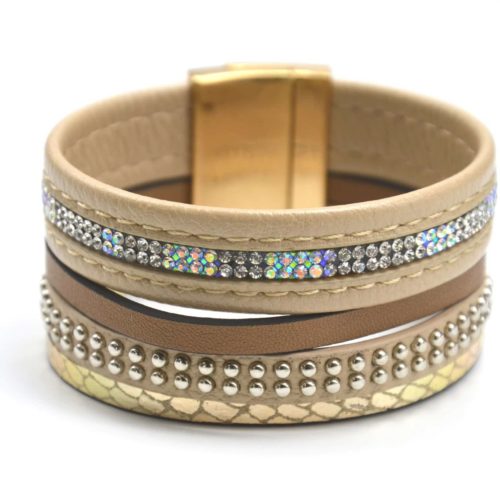 Bracelet-Manchette-Multi-Rangs-Simili-Cuir-Ecailles-Clous-et-Strass-Beige