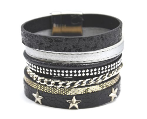 Bracelet-Manchette-Multi-Rangs-Simili-Cuir-Chaine-Clous-et-Etoiles-Noir