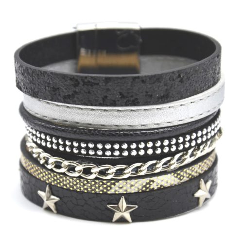 Bracelet-Manchette-Multi-Rangs-Simili-Cuir-Chaine-Clous-et-Etoiles-Noir