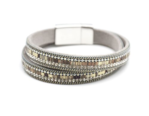 Bracelet-Double-Tour-Feutrine-Motif-Peruvien-Strass-Contour-Chaines-Gris