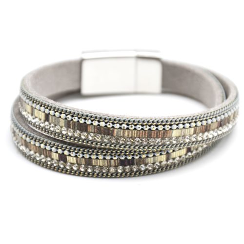 Bracelet-Double-Tour-Feutrine-Motif-Peruvien-Strass-Contour-Chaines-Gris