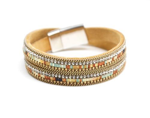 Bracelet-Double-Tour-Feutrine-Motif-Peruvien-Strass-Contour-Chaines-Beige