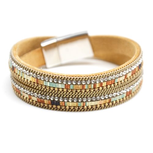 Bracelet-Double-Tour-Feutrine-Motif-Peruvien-Strass-Contour-Chaines-Beige