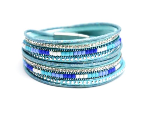 Bracelet-Double-Tour-Multi-Rangs-Satines-avec-Strass-Clous-et-Pierres-Bleu