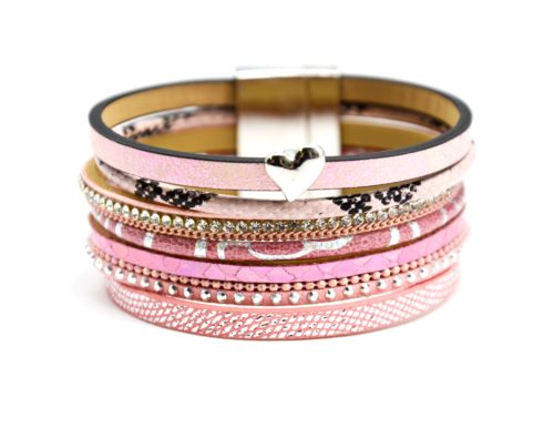 Bracelet-Manchette-Multi-Rangs-Rose-Ecailles-Strass-Clous-et-Coeur-Metal