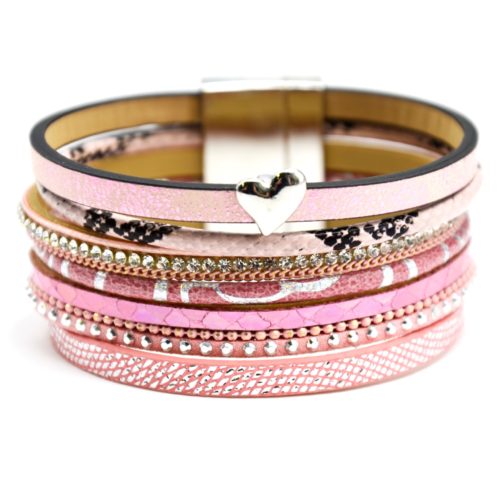 Bracelet-Manchette-Multi-Rangs-Rose-Ecailles-Strass-Clous-et-Coeur-Metal