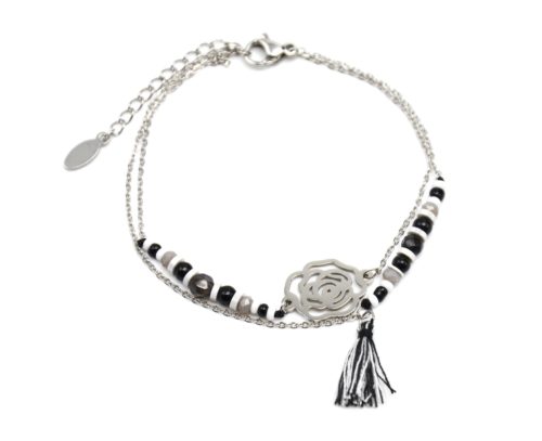 Bracelet-Double-Chaine-avec-Perles-Fleur-Ajouree-Acier-Argente-et-Pompon-Noir-Blanc