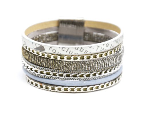 Bracelet-Manchette-Multi-Rangs-Simili-Cuir-Message-Fils-Brillants-Gris-et-Chaines-Metal