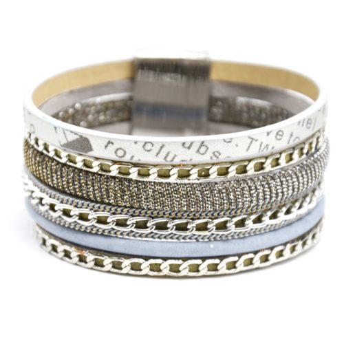 Bracelet-Manchette-Multi-Rangs-Simili-Cuir-Message-Fils-Brillants-Gris-et-Chaines-Metal