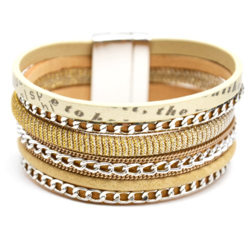 Bracelet-Manchette-Multi-Rangs-Simili-Cuir-Message-Fils-Brillants-Beige-et-Chaines-Metal