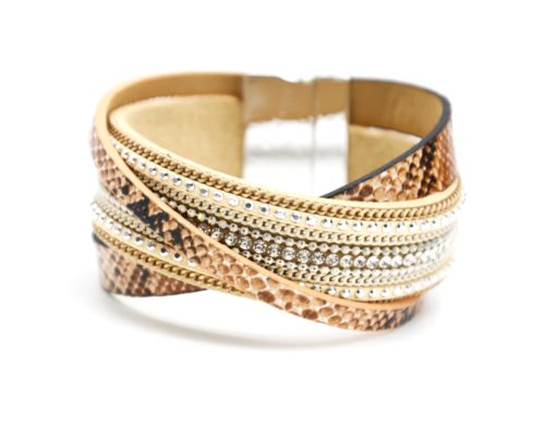 Bracelet-Manchette-Multi-Rangs-Croises-Ecailles-Beige-Clous-et-Strass