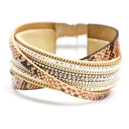 Bracelet-Manchette-Multi-Rangs-Croises-Ecailles-Beige-Clous-et-Strass