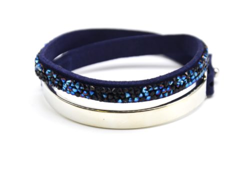 Bracelet-Double-Tour-Bande-Metal-Argente-et-Feutrine-Clous-Brillants-Bleu-Nuit