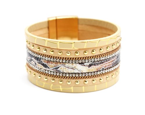 Bracelet-Manchette-Multi-Rangs-Motif-Ecailles-Clous-Strass-et-Chaines-Beige