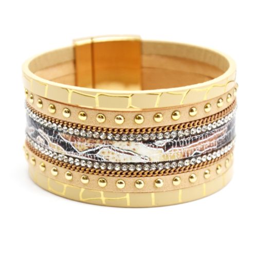 Bracelet-Manchette-Multi-Rangs-Motif-Ecailles-Clous-Strass-et-Chaines-Beige