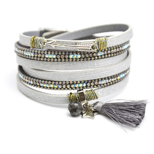 Bracelet-Double-Tour-Multi-Rangs-Brillants-Strass-avec-Charms-Fleche-Etoiles-et-Pompon-Gris