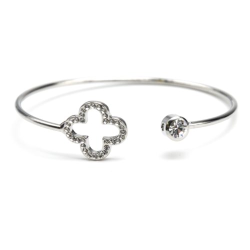 Bracelet-bangle-open-with-stone-and-clover-Contour-Rhinestone-Silver