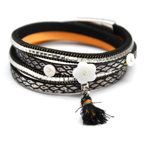 Bracelet-Double-Tower-Multi-rows-scales-satine-stones-with-charms-flowers-mother-of-pearl-and-pompom-Black
