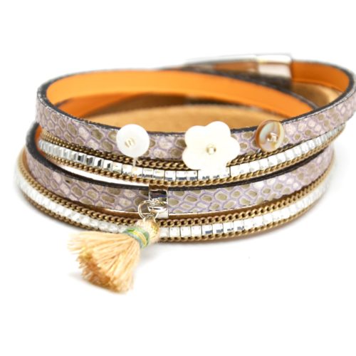 Bracelet-Double-Tower-Multi-rows-scales-satine-stones-with-charms-flowers-mother-of-pearl-and-pompom-Beige