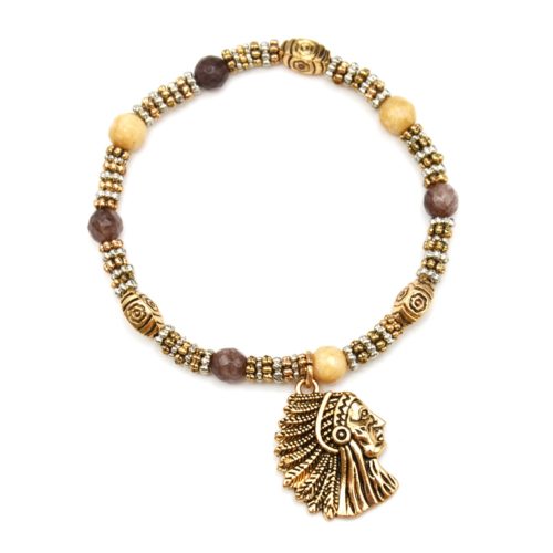 Bracelet-Perles-et-Pierres-Beige-Marron-avec-Charm-Indien-Ethnique-Metal-Dore