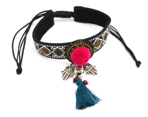 Bracelet-Manchette-Ajustable-Ruban-Motif-Oriental-Noir-avec-Charms-Pompons-Bouddha-Main-de-Fatma