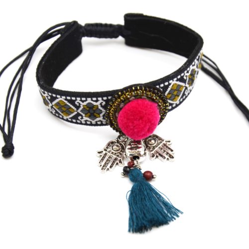 Bracelet-Manchette-Ajustable-Ruban-Motif-Oriental-Noir-avec-Charms-Pompons-Bouddha-Main-de-Fatma