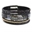 Bracelet-Manchette-Multi-Rangs-Sequins-Strass-Simili-Cuir-Perfore-Noir-avec-Charm-Plume-Ethnique