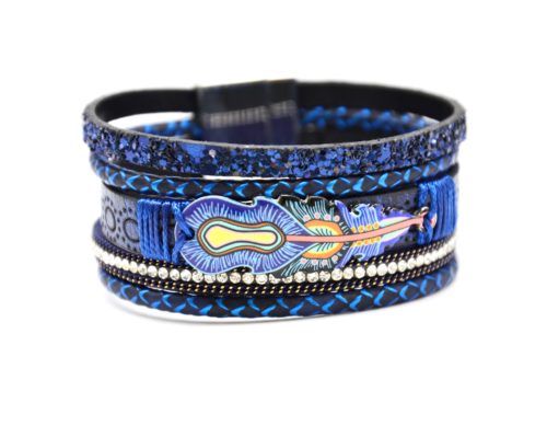 Bracelet-Manchette-Multi-Rangs-Sequins-Strass-Simili-Cuir-Perfore-Bleu-Marine-avec-Charm-Plume-Ethnique