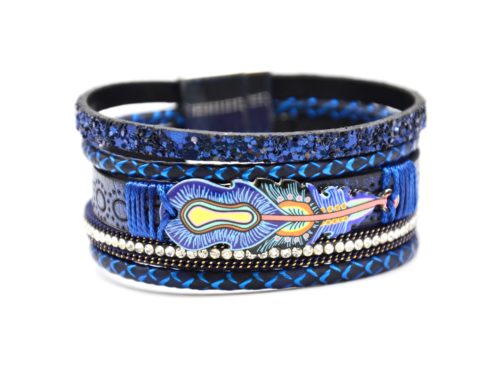 Bracelet-Manchette-Multi-Rangs-Sequins-Strass-Simili-Cuir-Perfore-Bleu-Marine-avec-Charm-Plume-Ethnique