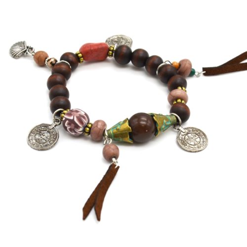 Bracelet-Beads-wood-brown-and-stones-effect-marble-with-charms-pieces-shell-and-fringes
