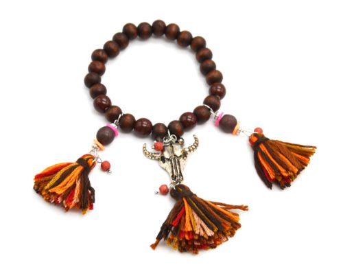 Bracelet-Perles-Bois-Marron-avec-Charms-Buffle-Metal-Vieilli-et-Pompons-Fils-Multicolore