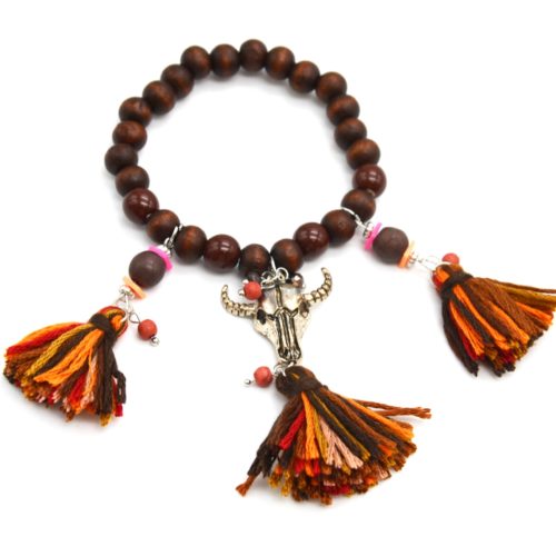 Bracelet-Beads-wood-brown-with-charms-Buffalo-Metal-aged-and-pompoms-Threads-multicolor