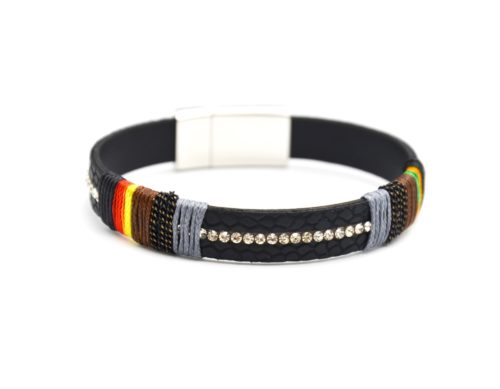 Bracelet-Aimante-Simili-Cuir-Ecailles-Noir-avec-Bandes-Fils-Colores-et-Strass