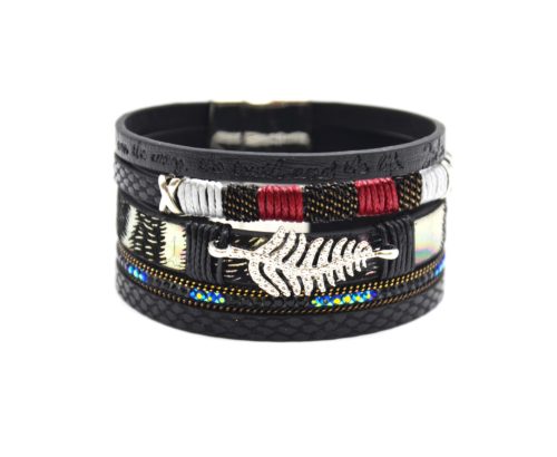 Bracelet-Manchette-Multi-Rangs-Simili-Cuir-Ecailles-Message-Strass-Noir-avec-Charm-Feuille-Ethnique