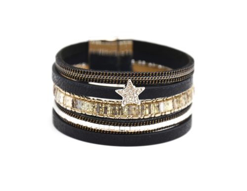 Bracelet-Manchette-Multi-Rangs-Satine-Chaines-Pierres-Bande-Motif-Peruvien-Noir-avec-Charm-Etoile-Strass