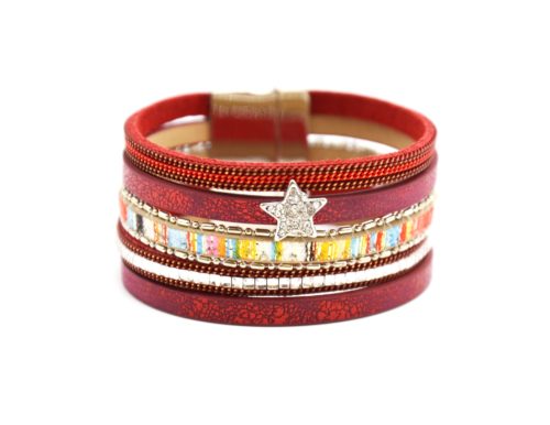 Bracelet-Manchette-Multi-Rangs-Satine-Chaines-Pierres-Bande-Motif-Peruvien-Rouge-avec-Charm-Etoile-Strass